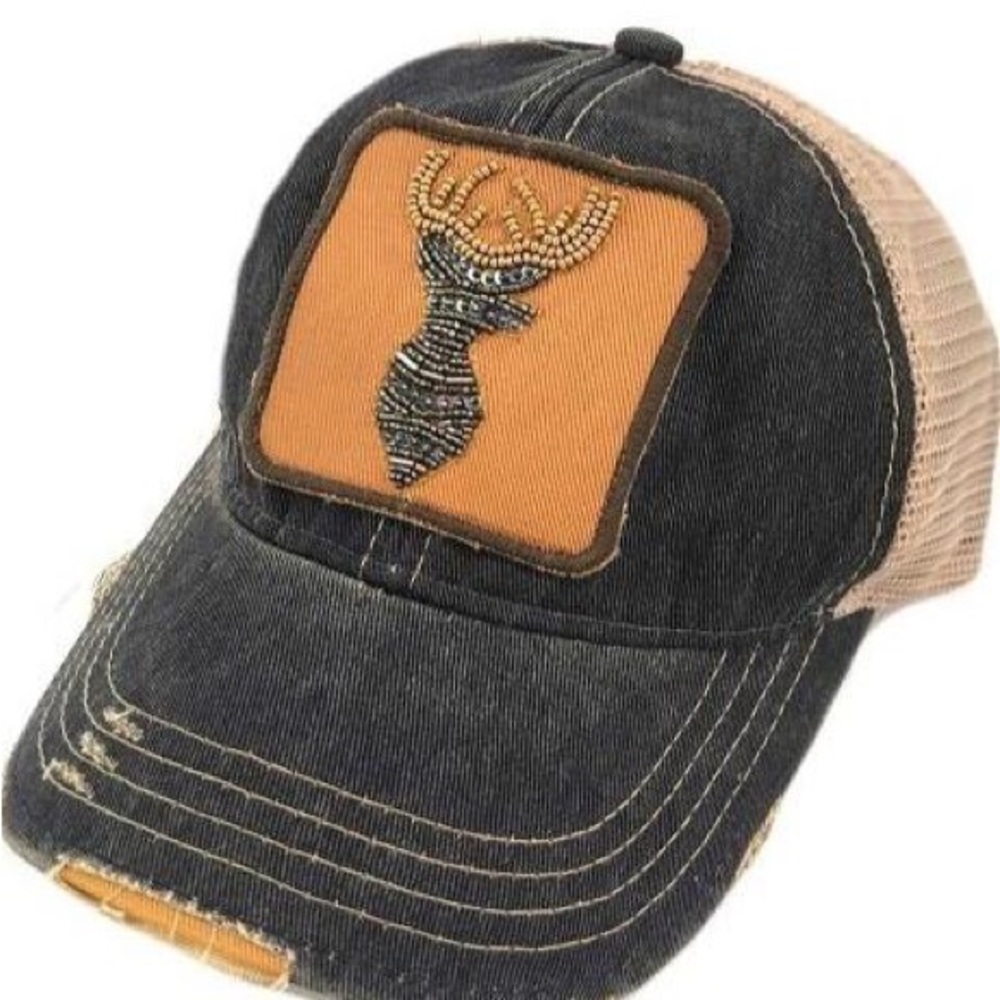 Blue beaded deer patch hat Judith March